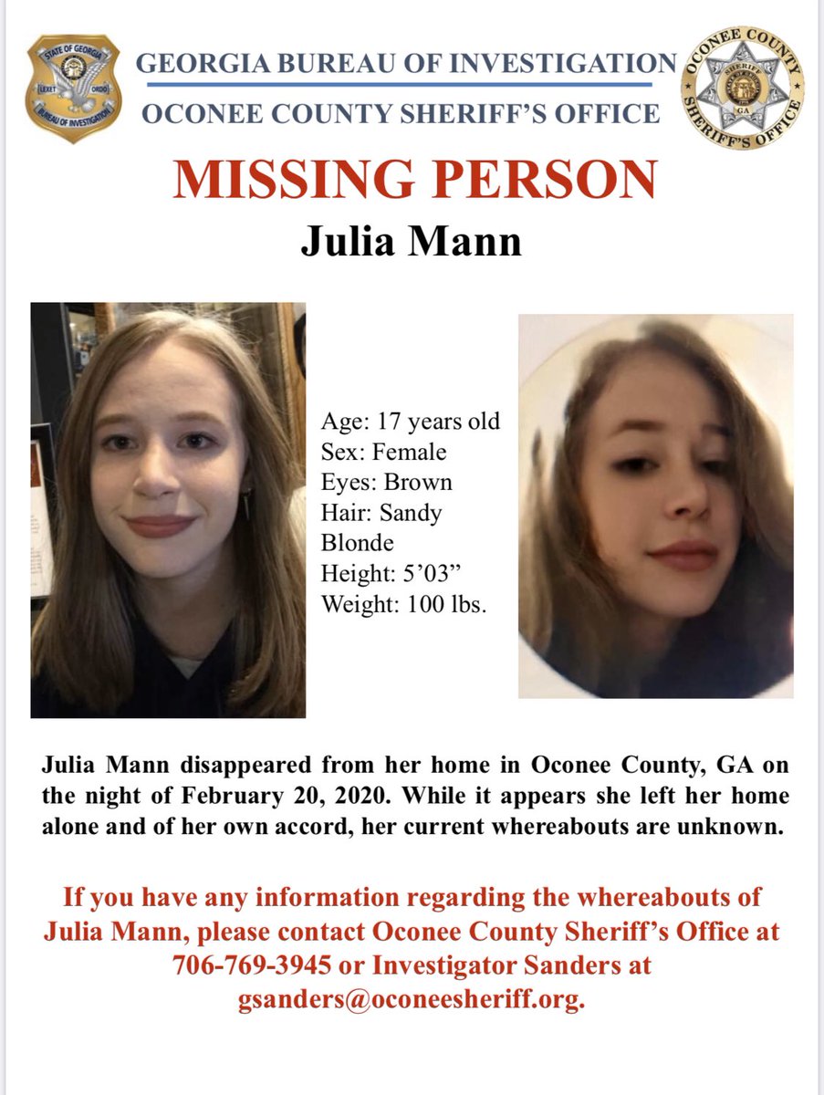 GBI_GA's tweet photo. There is a $7,000 reward for info. leading to the whereabouts of 17 y/o Julia Mann who disappeared from her home in Oconee Co, GA on the night of Feb. 20, 2020. If you have any information regarding her whereabouts m, please โ๏ธ the Oconee County Sheriffโs Office at 706-769-3945. https://t.co/CJHLRxM9aJ