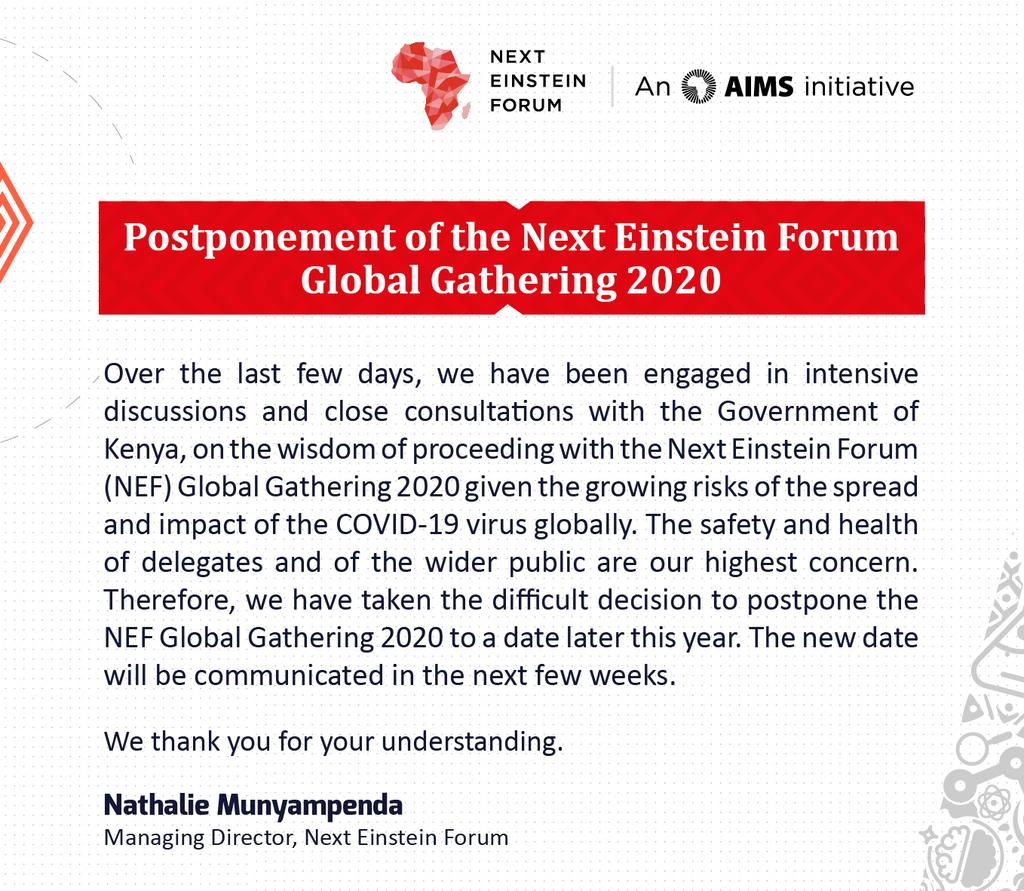 We regret to inform delegates that due to growing concern around COVID-19, the #NEF2020 will be postponed to later this year (dates to be announced soon). 

We look forward to an exciting event in a few months &amp; thank the Government of Kenya for their support.