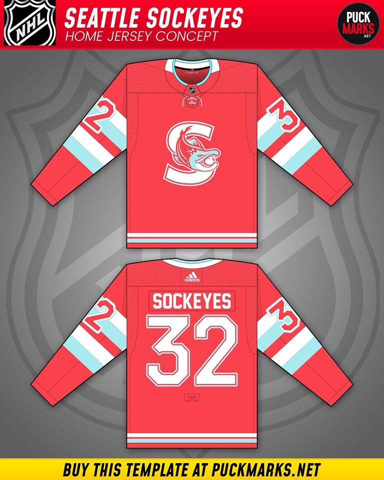 Puck_Marks's tweet photo. With @NHLSeattle_  confirmed colour scheme of (salmon) red, light teal and black we think it's clear where they're headed... Here's our jersey concept for the #SeattleSockeyes! Thoughts?
.
Read Blog at https://t.co/ee2B7eGMh8.
.
.
.
#nhl #seattlenhl #seattlekraken #nhlexpansion https://t.co/aKekGYV9TO