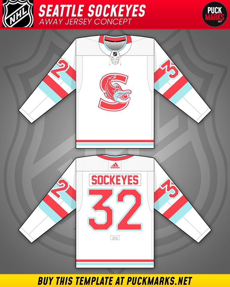 Puck_Marks's tweet photo. With @NHLSeattle_  confirmed colour scheme of (salmon) red, light teal and black we think it's clear where they're headed... Here's our jersey concept for the #SeattleSockeyes! Thoughts?
.
Read Blog at https://t.co/ee2B7eGMh8.
.
.
.
#nhl #seattlenhl #seattlekraken #nhlexpansion https://t.co/aKekGYV9TO