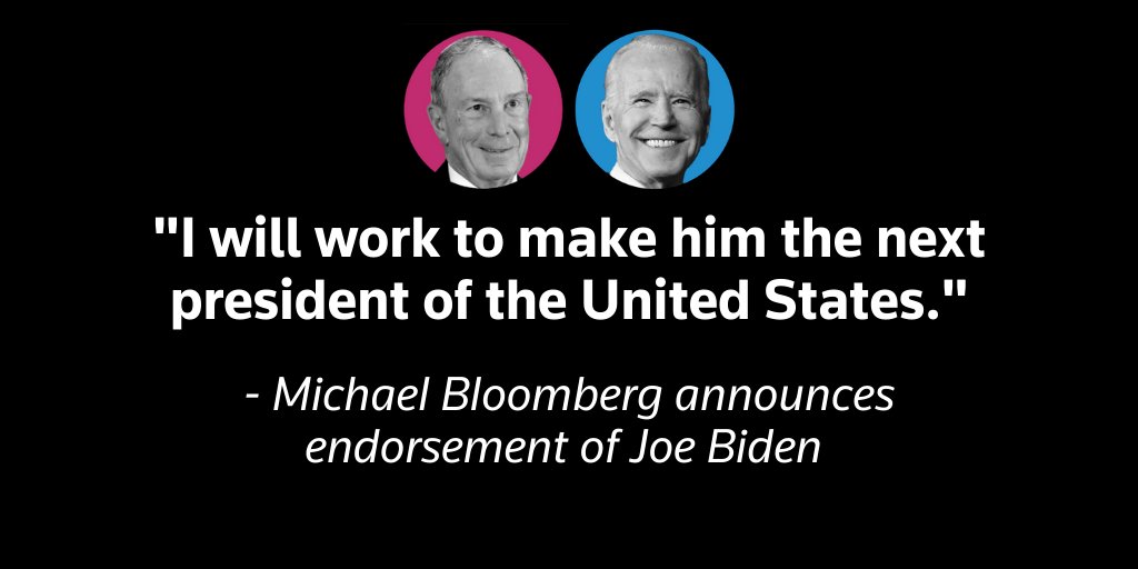 Reuters's tweet photo. Former New York Mayor Michael Bloomberg ends his presidential campaign and said he backs Joe Biden for the Democratic Party's nomination to challenge Donald Trump in the November election https://t.co/HNKwMtiQLu https://t.co/3dKtNXdc91
