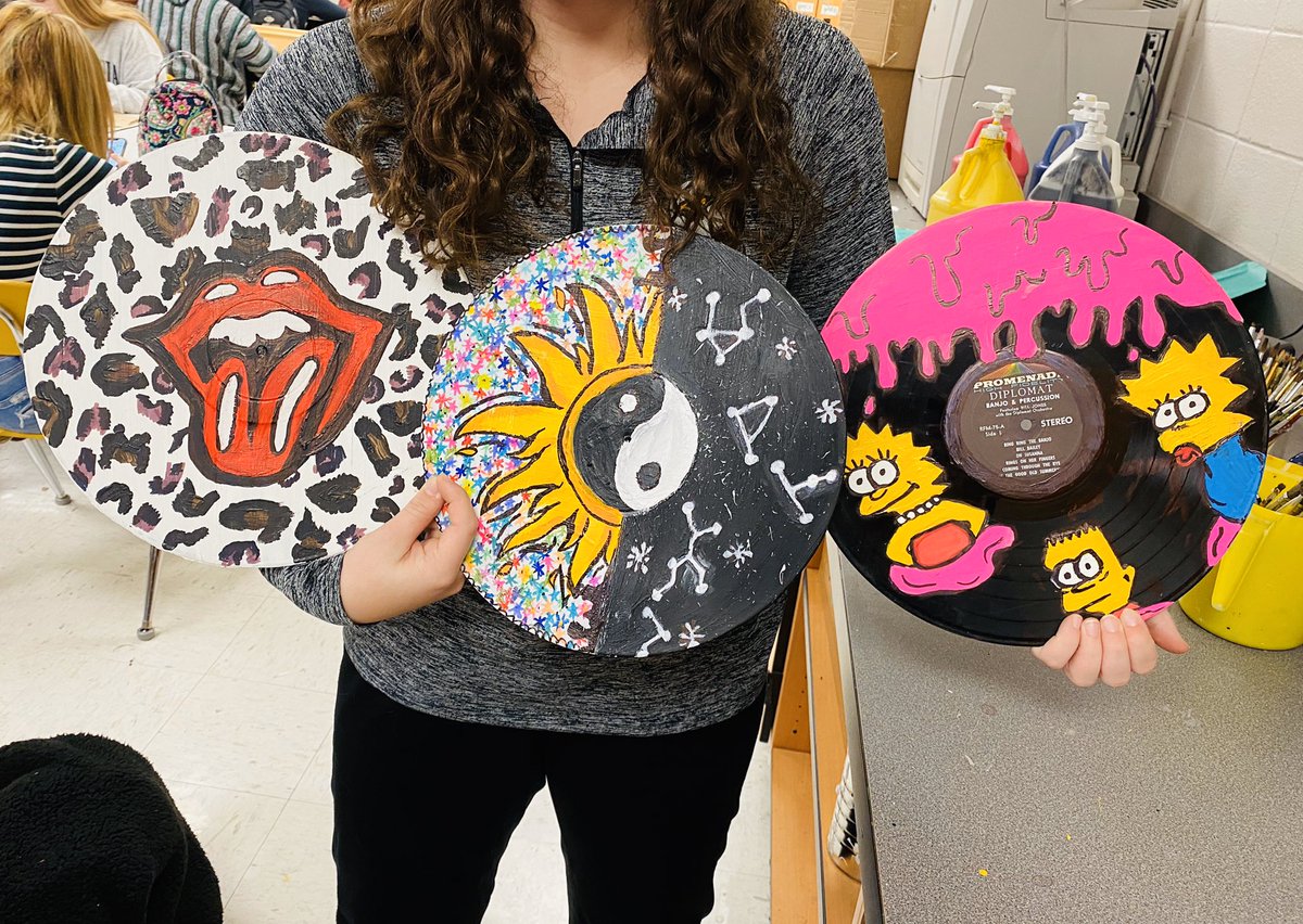 Emma’s painted records are a hit! 🥰
.
#choiceproject #art1 #acrylicpainting #artmatters #highschoolart #iteachart