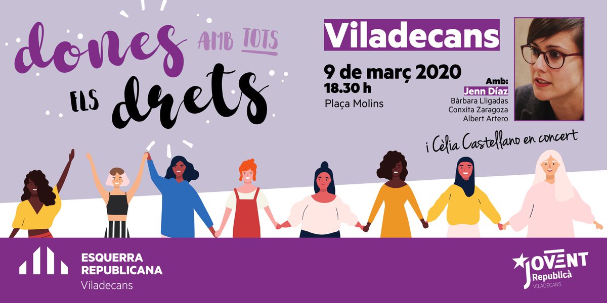 ERCViladecans's tweet photo. 📣El proper dilluns 9/3 vine a l'acte d'@Esquerra_ERC #Viladecans en motiu del #DiadelesDones #8M2020 #8M amb @JnnDiaz, @blligadas, Conxita Zarazoga, @AlbertArtero i l'actuació de Cèlia Castellano #MunicipisFeministes #DonesAmbTotselsDrets  

🗓️ 9 de març
🕡18.30h 
📍 Pl. Molins https://t.co/EUnkXHblIL
