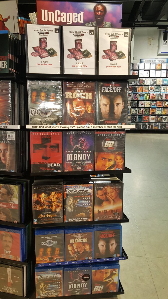 hmvBelfast's tweet photo. This new promotion makes our manager happy 😊
#Uncaged
Get your fix of mighty #NicCage movies now
Pre-order his latest movie #ColourOutOfSpace now on limited edition #hmvExclusive #HmvFirstEdition #bluray release from @STUDIOCANAL
#NicolasCage @StudiocanalUK https://t.co/Nipdh9P5fN