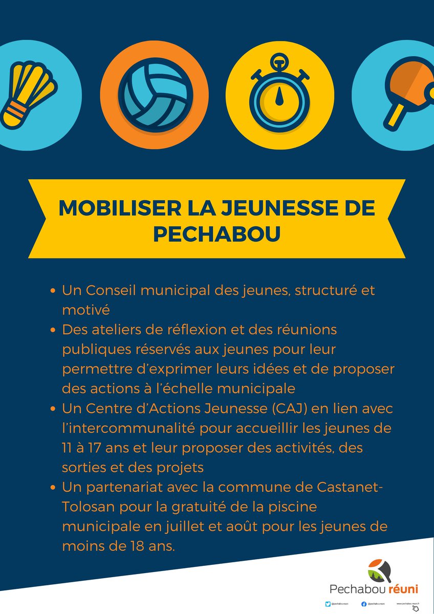 Pechaboureuni's tweet photo. Mobiliser la jeunesse de Pechabou : être force de proposition, s’investir dans la vie de la commune et participer aux décisions
 #Pechabou #Municipales2020 Programme disponible sur https://t.co/qf2igyY1YW ou téléchargez le directement sur : https://t.co/xwNAopSJOx https://t.co/EMPvCa8xIj