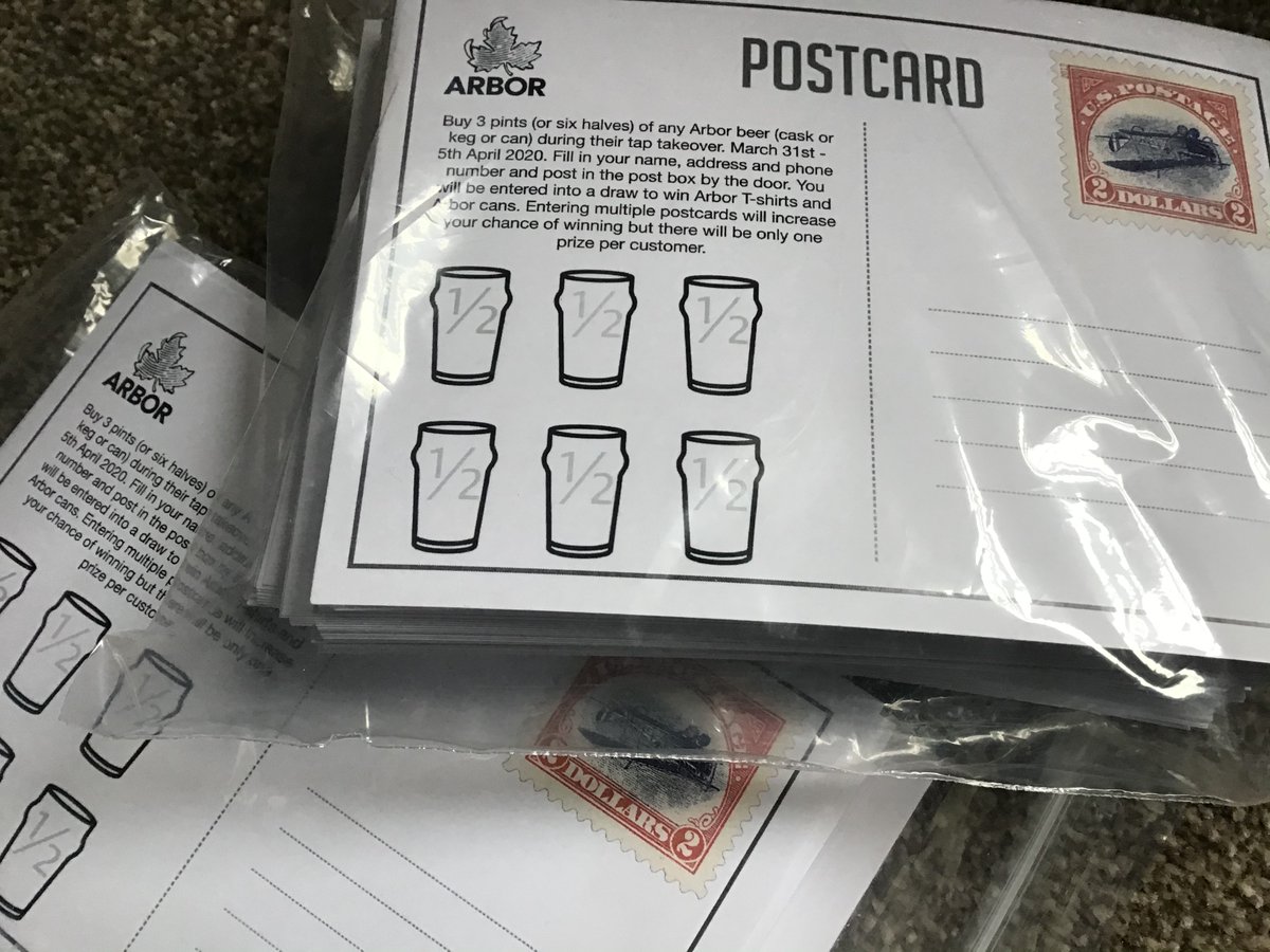 ThePelicanGlos's tweet photo. Postcards have arrived for our tap takeover @ArborAles from 31st March as part of @glosbrewweek .Buy three pints and you could win some natty Arbor gear. 5 cask and 2 keg will be available throughout the week with 10 different Arbor cask beers in total. Bonjour! https://t.co/mSRcZwz9sx