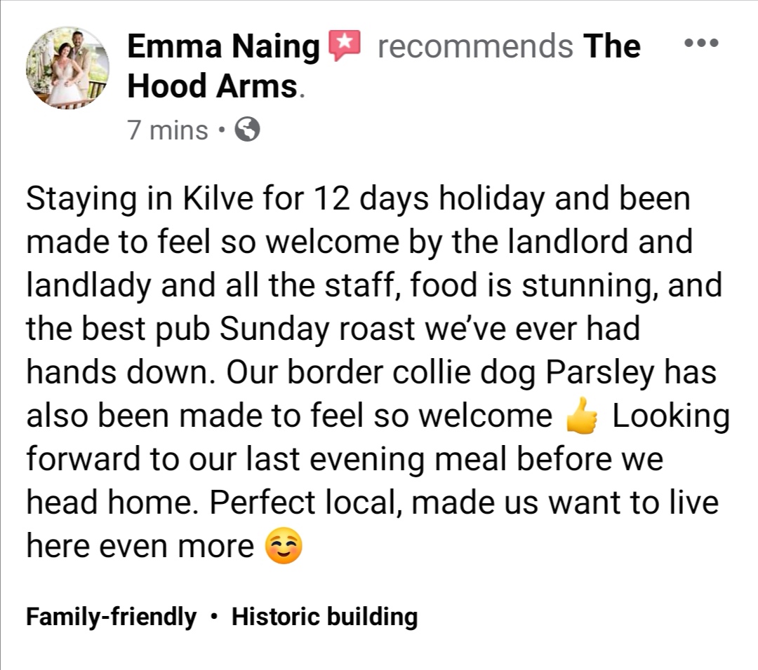 💖😃⭐⭐⭐⭐⭐

Such a lovely review.
Thank you so much Emma. We really really appreciate it!  Hope we see you again soon. 
#dogfriendly  #restaurant #kilve #somerset