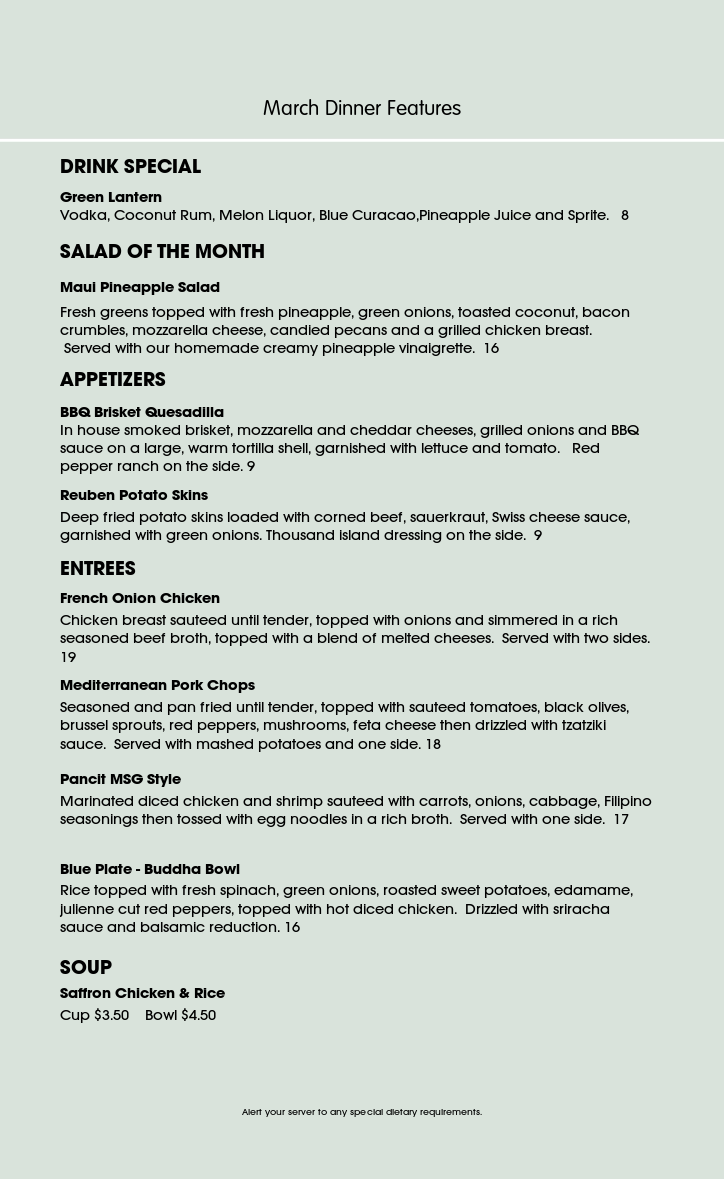 March Dinner Features