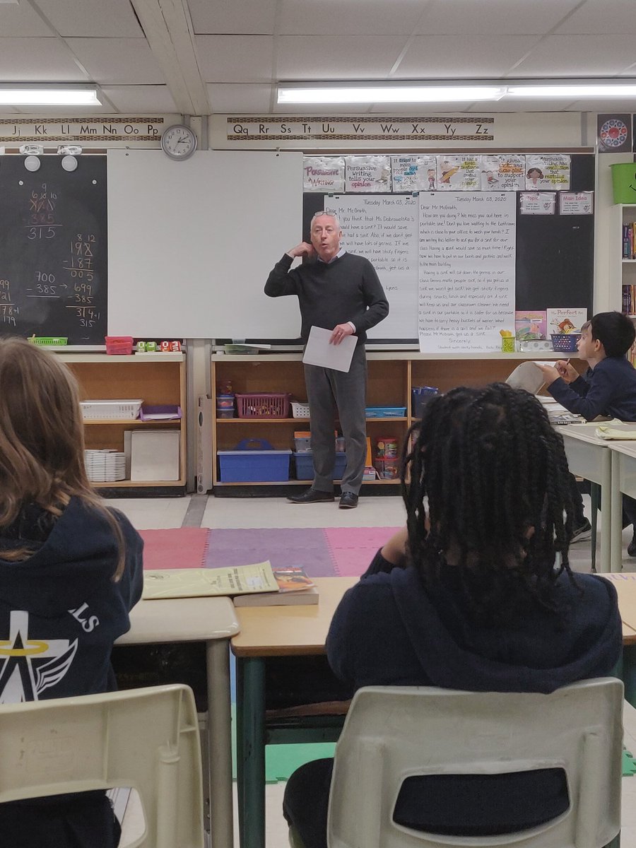 CDobrowolska's tweet photo. Yesterday we had our #principal surprise visit us to give us his response to our #persuasiveletters. #Grade3s wrote about what the one thing missing from our classroom is and tried to persuade Mr McGrath! @HolyAngelsSchoo @TCDSB #writing #letters #TCDSB https://t.co/nyQA9juI4X
