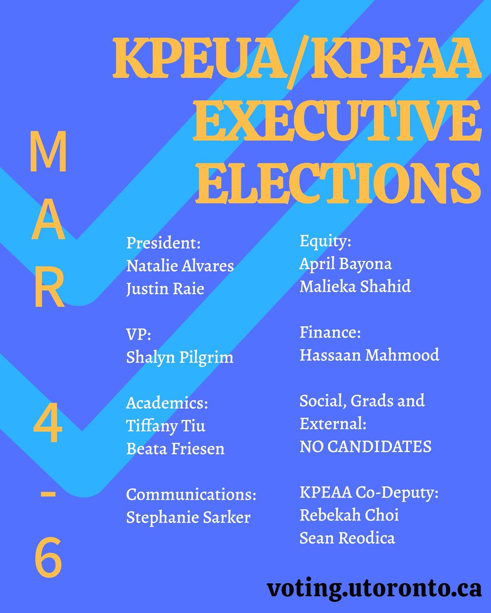 Hey KPE, just a reminder that voting is now open on voting.utoronto.ca until Friday at 11:59pm. Please don't forget to vote, and have your voice heard for your 2020-2021 KPEUA
#kpeuaelections