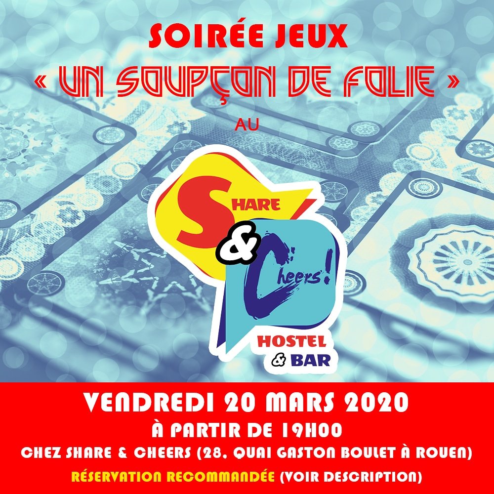 #soireejeux au Share &amp; Cheers le vendredi 20 mars à partir de 19h00. Réservez via :  http://opn. to/a/u98b0 (effacez l'espace dans le lien) .  #j2s  #jds  #jeuxdesociete  #rouen  #seinemaritime