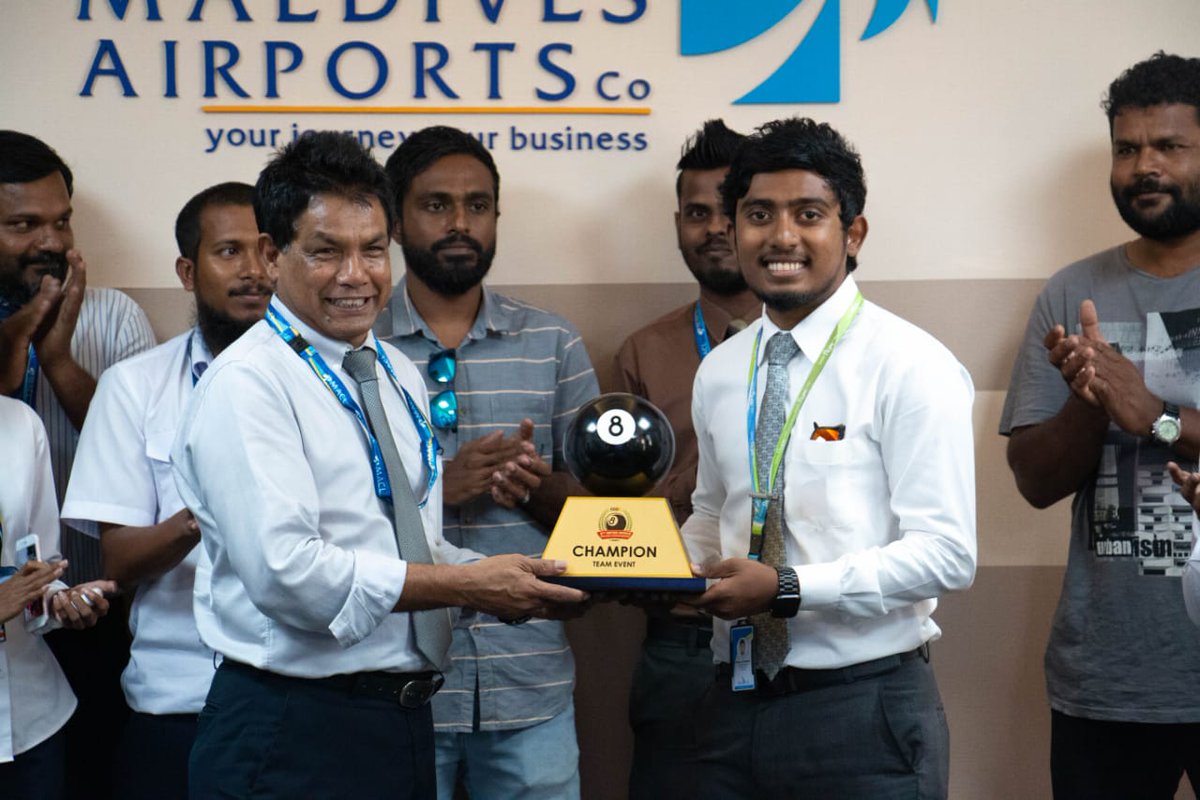 MACLmedia's tweet photo. MACL billiard team, the champions of the 8th Inter Office Billiard Championship presented the trophy to the senior management of @MACLmedia today. AMD Mr. Moosa Solih praised the team players for their dedication and hard work at the tournament. https://t.co/9e0xh48AIq