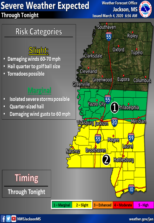 MSEMA's tweet photo. The threat of severe weather is elevated for portions of central and south Mississippi from now until tonight. Be aware of flooding over roads and possible road closures. https://t.co/loW3rALkA7