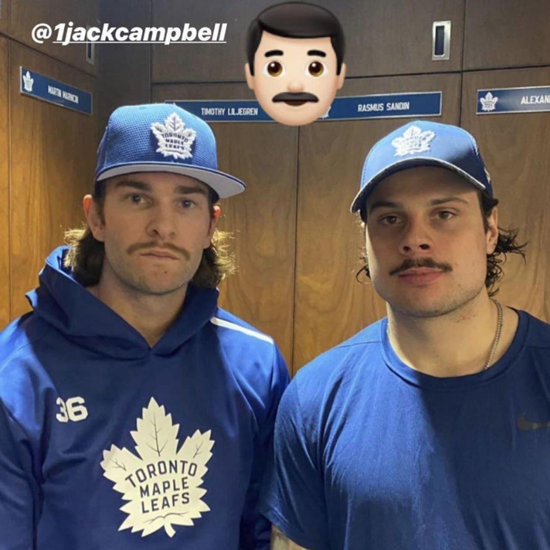 NHL's tweet photo. The @MapleLeafs are growing 'staches to support Auston Matthews on his quest for 50 goals. 🤣

(📷 @AM34) https://t.co/anPICslHze
