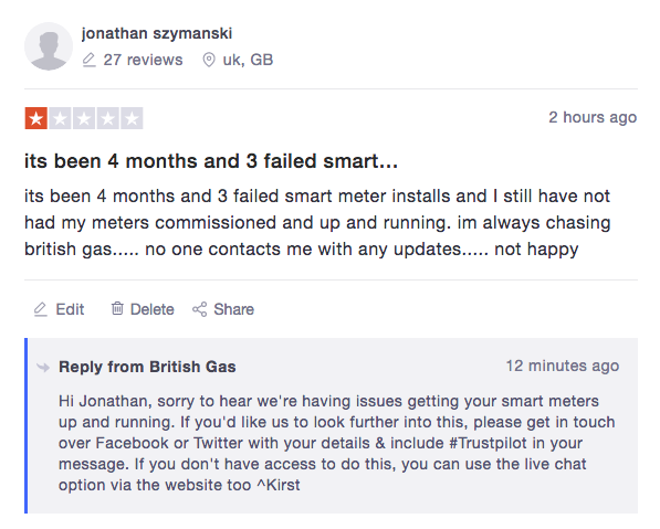 JonSzymanski's tweet photo. @BritishGasHelp @BritishGas  #Trustpilot  four months three failed smart meter installs ... meters remain un commissioned ... british gas complaint handler disappeared .... does not return my calls ..... maby british gas will contact me on here ? https://t.co/sjmmgit4xn
