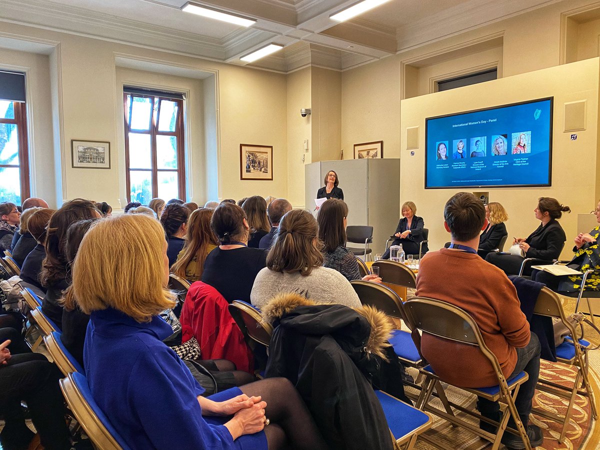 DeptCultureIRL's tweet photo. To mark International Women’s Day the Department held a panel discussion for staff with women in leadership roles

Sec. Gen. Katherine Licken, A.Sec. Patricia Murphy, Orlaith McBride @artscouncil_ie Lynn Scarff @NMIreland &amp; Virginia Teehan of @HeritageHubIRE took part 

#IWD2020 https://t.co/nqfayiHGSW