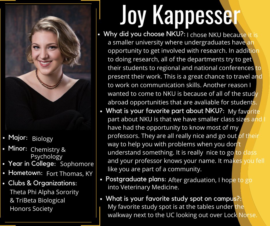 NKUArtSci's tweet photo. College of Arts &amp; Sciences Student Spotlights!

Meet Joy Kappesser! She is a Biology Major here at NKU. Learn more about what makes NKU so special to her!

#NKU #CAS #ArtsandSciences #CASstudentspotlights #biology https://t.co/yJmuuHU1Wy