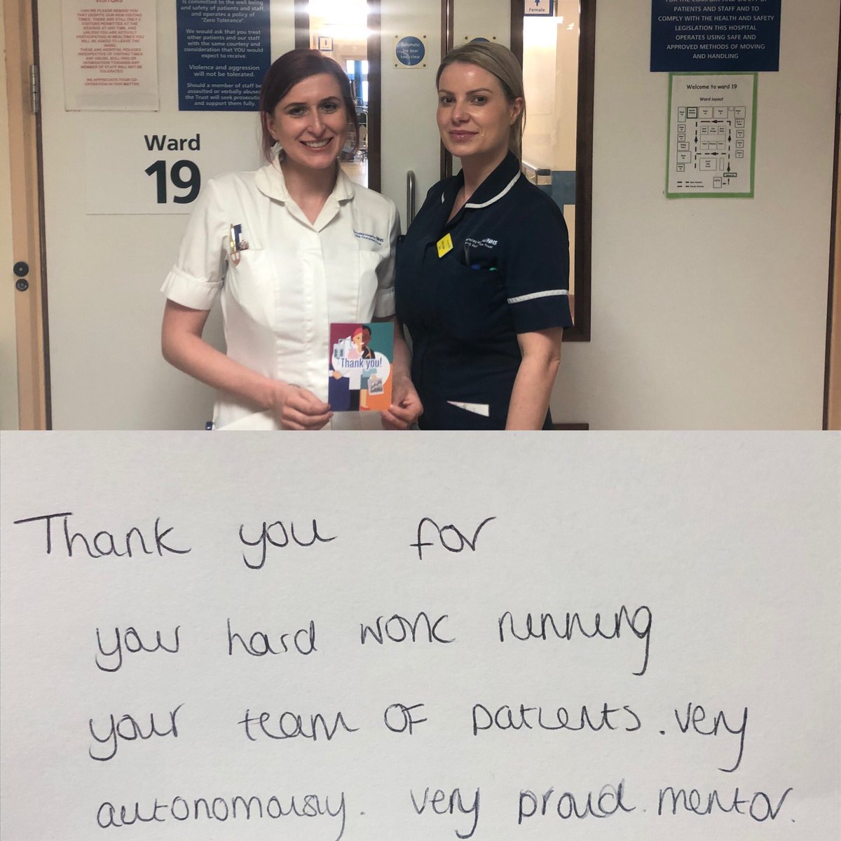 THANKYOU <a href="/Barnsleyfalls/">Rachel Wallace</a> for letting me have some of your Thanku cards for ward 19. Chloe our ward sister very proudly gave Katy our TNA the very first thank you card for all of her hard work today. Well done Katy very well deserved. ⭐️ #proudtocare #hardworking <a href="/barnshospital/">Barnsley Hospital</a>