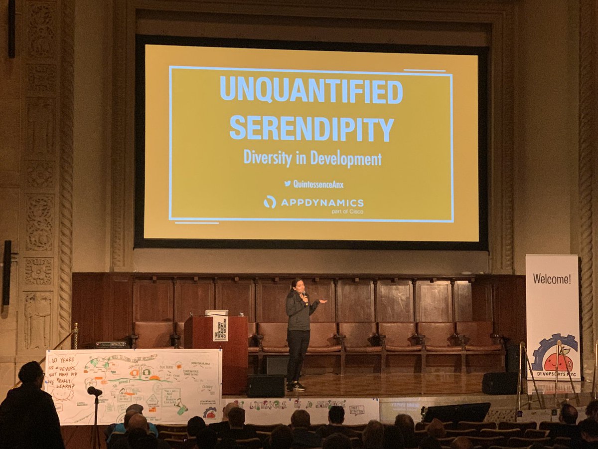 devopsdaysNYC's tweet photo. Now up, @QuintessenceAnx with “Unquantified Serendipity: Diversity in Development” and a choose your own path preso. #devopsdays #DevOpsDaysNYC https://t.co/wHX6YvsO4L