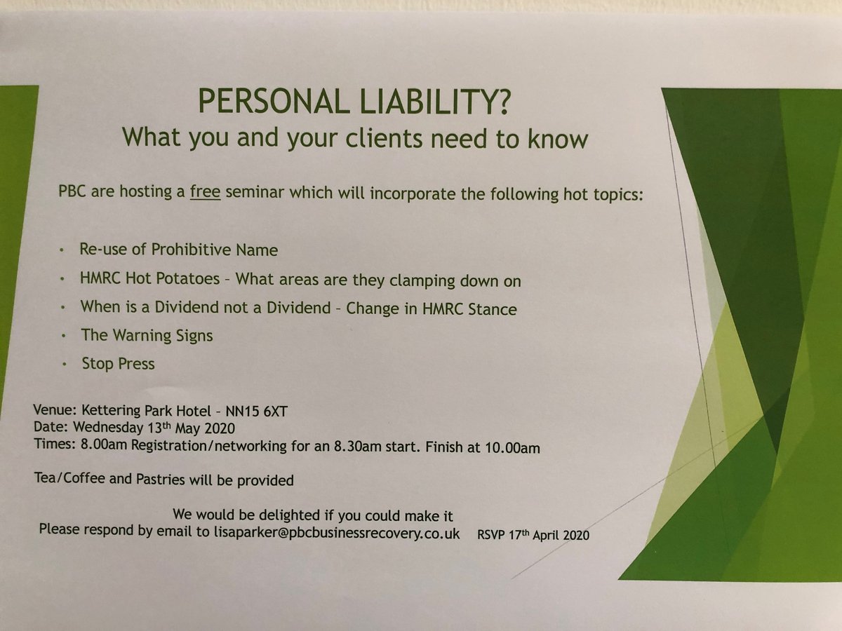 Are you a Business Adviser? Come and listen to our seminar on Personal Liability. Its free to attend but places are limited

#business #HMRC #dividends