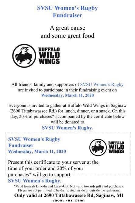 SVSU_WRFC's tweet photo. Hey all! Come help support us by stopping in and having some food at Buffalo Wild Wings on Tittabawassee! All you have to do is show them this flier and our team will receive 20% of that meal. Every thing counts, thanks to all you awesome supporters! https://t.co/dgn533W4uO