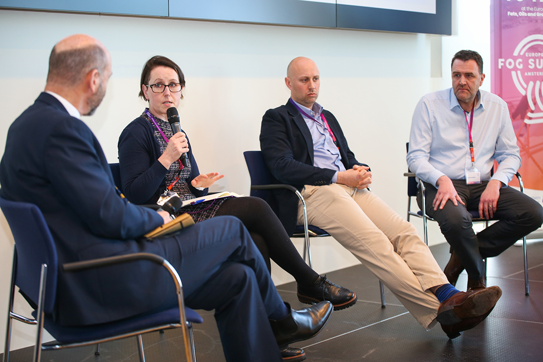 SwiftComply's tweet photo. Time for some circular economy talk! Dickon Posnett (Argent Energy), Karyn Georges (@isleutilities), Mike Hogg (Argent Energy) and Steven Wante (@suez) discussed whether or not biodiesel is the answer when it comes to FOG. #FOGSummit, #euFOGSummit, #circulareconomy #environment https://t.co/oKW1ormQQN