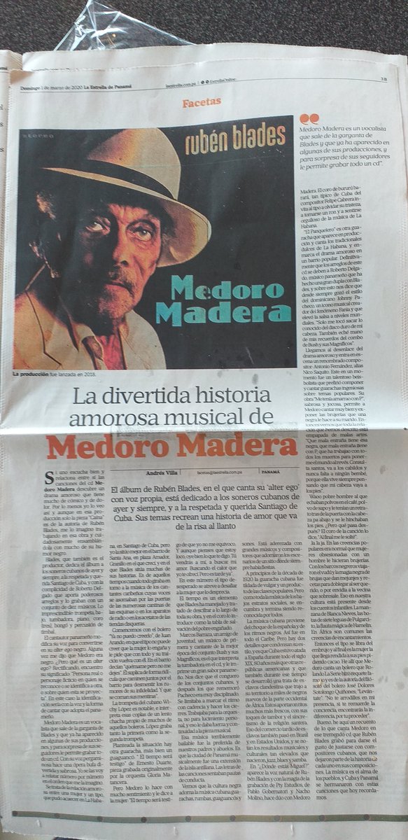 Publicado en La Estrella de Panamá el 1º de marzo, por Andrés Villa
La divertida historia amorosa musical de Medoro Madera
El álbum de Rubén Blades, en el que canta su 'alter ego' con voz propia...
laestrella.com.pa/cafe-estrella/…