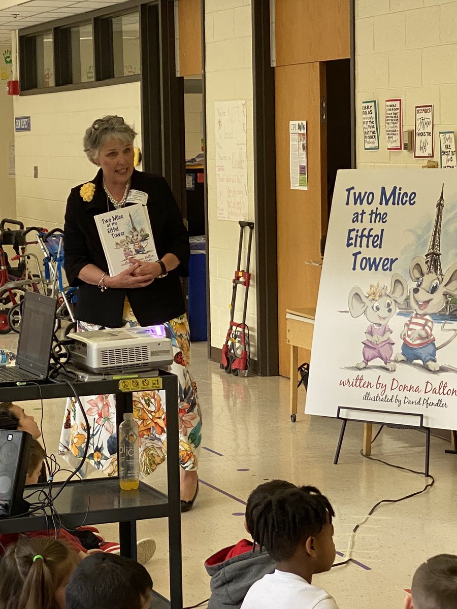 Seusserrific's tweet photo. First Grade had a special author visit us today!  Thank you to Donna Dalton for sharing your book with us Two Mice at the Eiffel Tower! 🐀🐁📚@Seusserrific @obgSTARS #oneCCPS #gatespride https://t.co/fni1RSbjtx