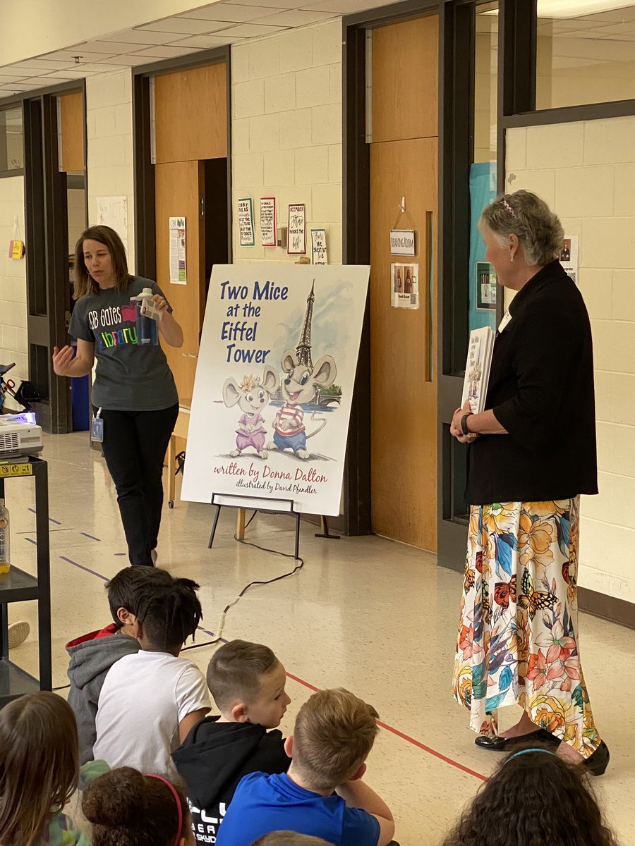 Seusserrific's tweet photo. First Grade had a special author visit us today!  Thank you to Donna Dalton for sharing your book with us Two Mice at the Eiffel Tower! 🐀🐁📚@Seusserrific @obgSTARS #oneCCPS #gatespride https://t.co/fni1RSbjtx