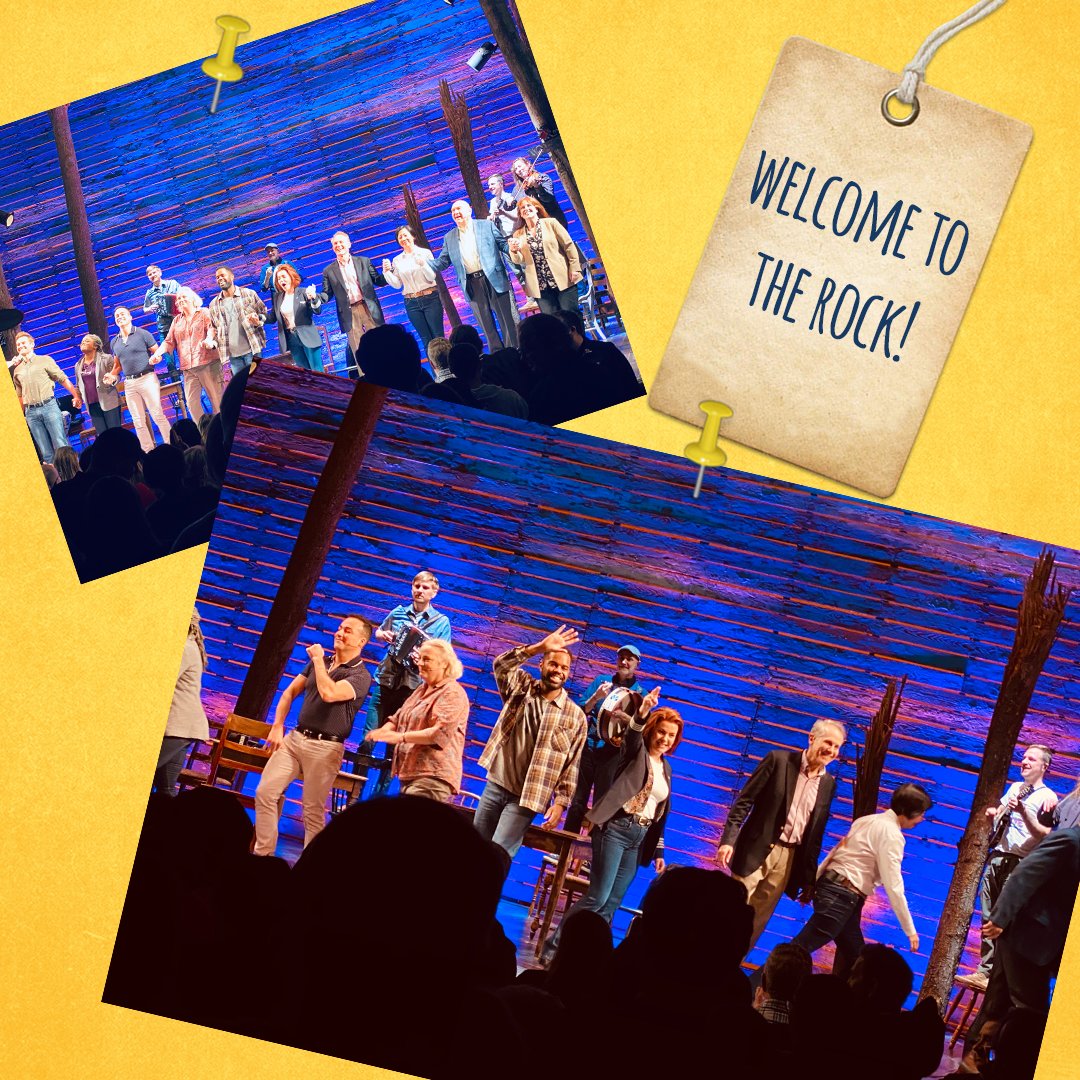 Two photos of Rachel Tuckers first bow in front of a yellow background with a tag that says "Welcome to the Rock"