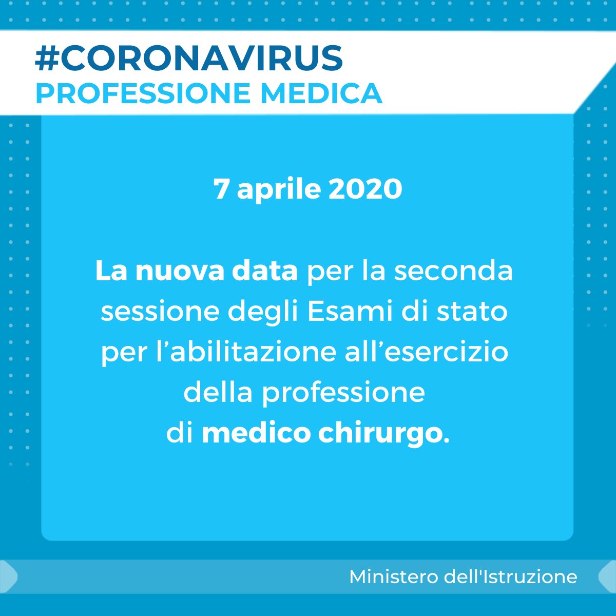 Il Ministro Gaetano Manfredi ha firmato l’ordinanza che fissa la nuova data per la seconda sessione degli Esami di stato per l’abilitazione all’esercizio della professione di medico chirurgo. 
La prova si svolgerà martedì 7 aprile 2020.

▶️ miur.gov.it/web/guest/-/co…