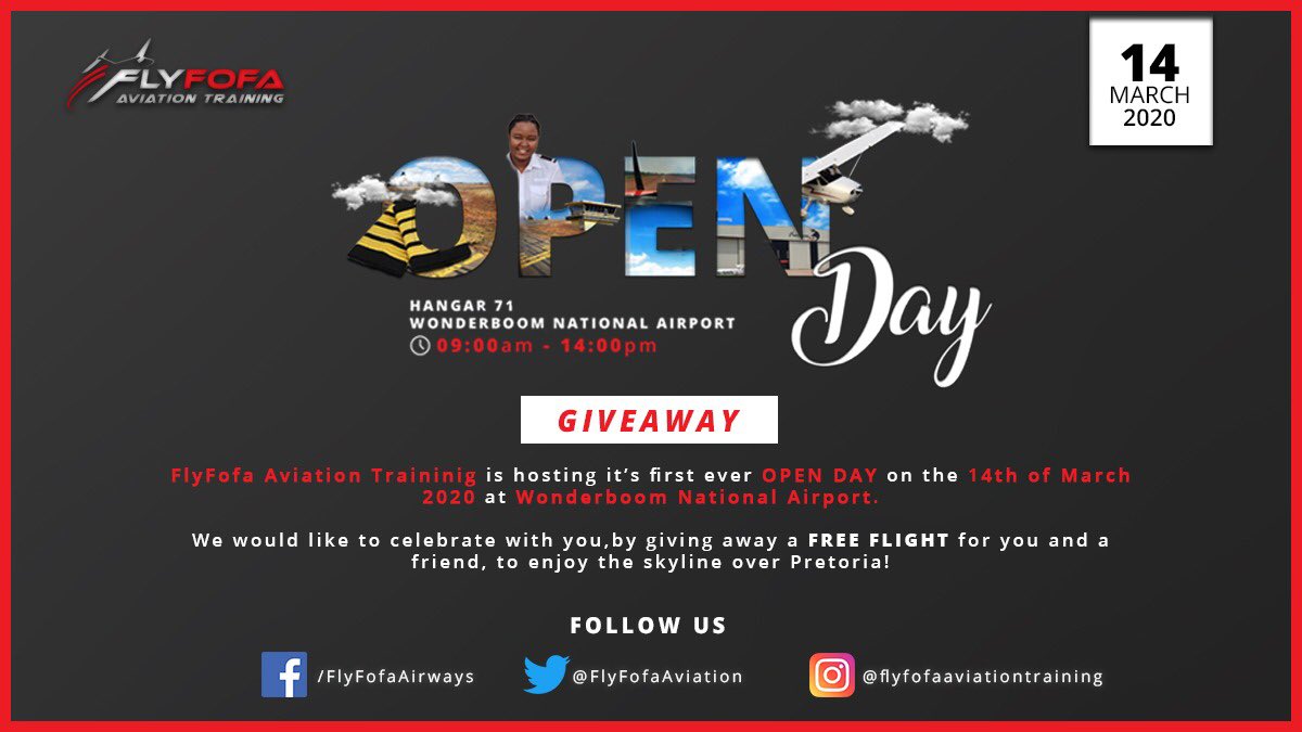 LeeThePilot_'s tweet photo. 📢Giveaway📢
@FlyFofaAviation is giving away a FREE FLIGHT over Pretoria on the 14th of March 2020.
All you have to do is FOLLOW @FlyFofaAviation and tag someone/friend you would take with on the flight in the comments on their page.
#FlyFofa #FlyFofaOpenDay #pilot #flying https://t.co/q2dkUxroYy