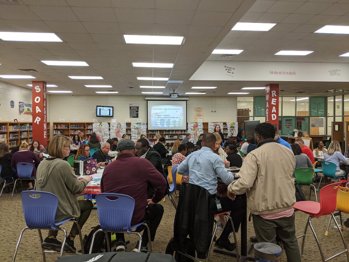 HSAMonroeMiddle's tweet photo. HSA Faculty honing problem solving skills with Murder Mystery Meeting scenarios! Engagement is on fire to solve it! #EmpowerED #ProblemSolvers Thank you @MsMiller311 for leading! #RedhawksSoaring | @AGHoulihan @UCPS_MonroeNC https://t.co/vQJTk250TB