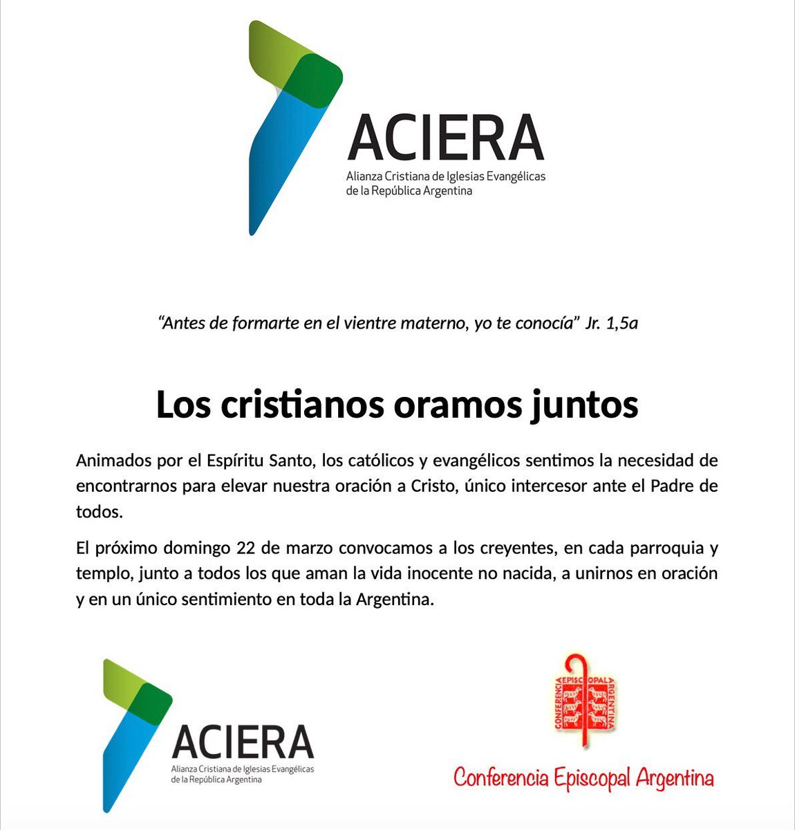 En este tiempo especial, <a href="/aciera_arg/">ACIERA</a> y <a href="/EpiscopadoArg/">Conferencia Episcopal Argentina</a> llaman a los cristianos a unirnos en oración por la vida.