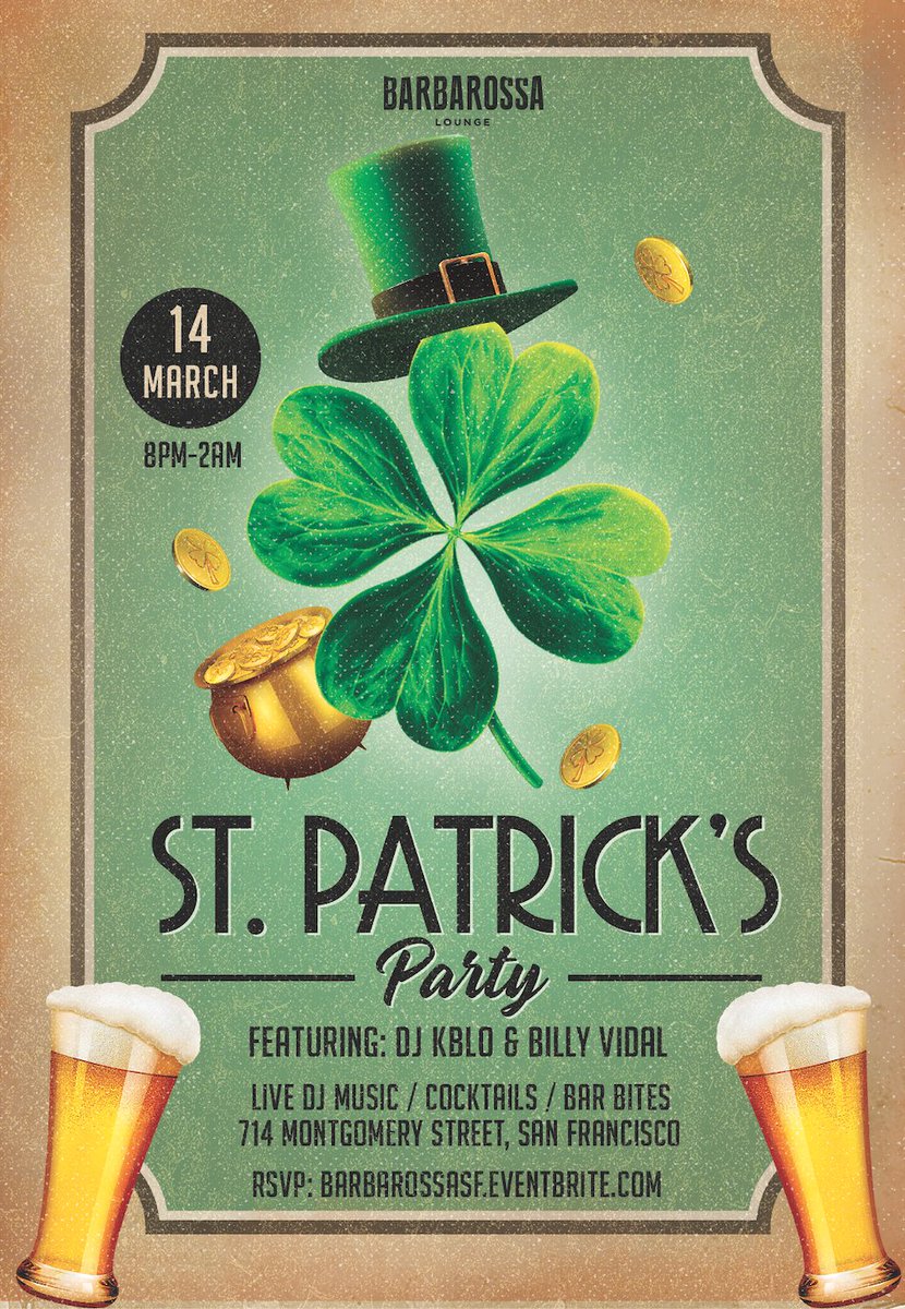 BarbarossaSF's tweet photo. Starting to taste that bit of Irish luck already, mark your calendars, and join us for a St. Paddy's day bash, next Saturday and maybe find your pot of gold! 🌈💛🍀 https://t.co/dh6ISmkO5q