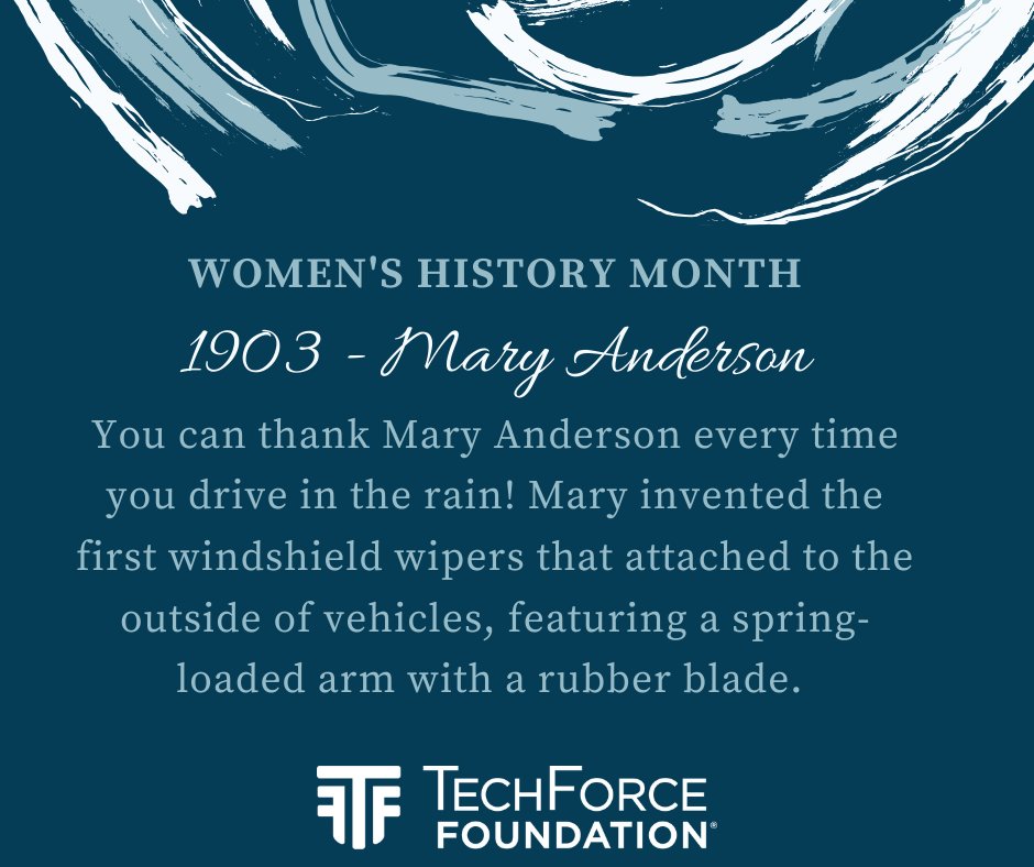 TechForceFound's tweet photo. Continuing our journey for #WomensHistoryMonth, we move to 1903 and give thanks to inventor Mary Anderson. Here's a video about the history of her invention -- the windshield wiper! https://t.co/dm6utUjApF
#womeninauto #trailblazer #carinventions https://t.co/FPMXcs2WvO