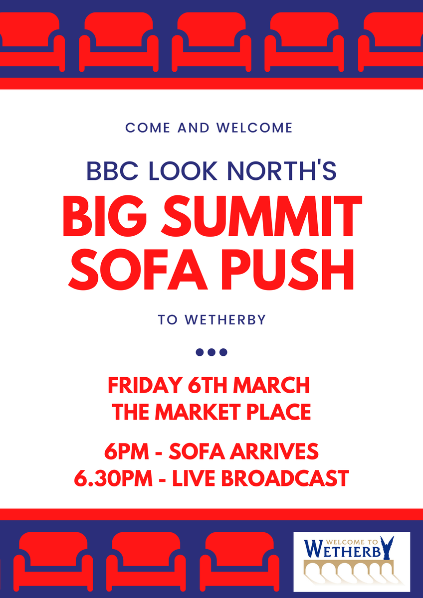 WelcomeWetherby's tweet photo. Come along on Friday night to welcome the #bbcsofa in to #Wetherby and maybe even get on the telly!
🔴Market Place, LS22 6NE
🔴6pm sofa arrives.
🔴6.30pm live broadcast of @BBCLookNorth
@wetherbycouncil @WetherbyCllrs https://t.co/2TOFY897NP