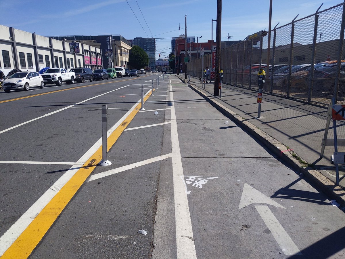 5th's bike lane gets wider the further south it goes. At Bryant/Brannan it is 9'5", easily wide enough for parking. Note the floating yellow stripe indicating a commercial zone, and the lack of a red curb that might help deter bike lane blocking.