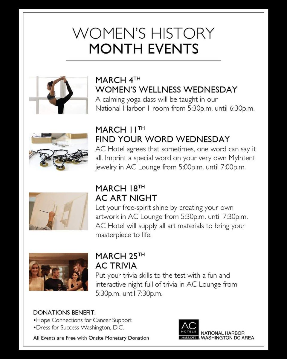 ACHotelNH's tweet photo. Celebrate Women's History Month at AC Hotel National Harbor every Wednesday this month! #WomensHistoryMonth #achotelnh #nationalharbor https://t.co/k1FqR2VFg1