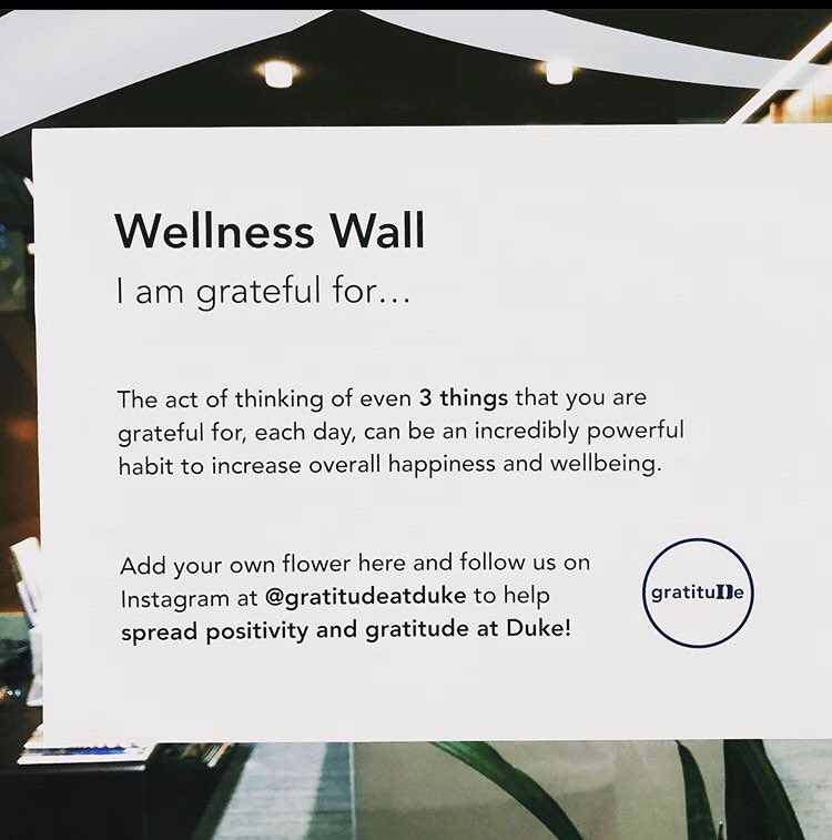 DukeWellness's tweet photo. Spread positivity and gratitude at Duke by letting us know who/what you’re grateful for. 

Visit our new Wellness Wall located on the first floor of the Student Wellness Center to add your flower!
 
Follow gratitudeatduke on Instagram to keep up with their initiative. https://t.co/wgFzZVmUqG