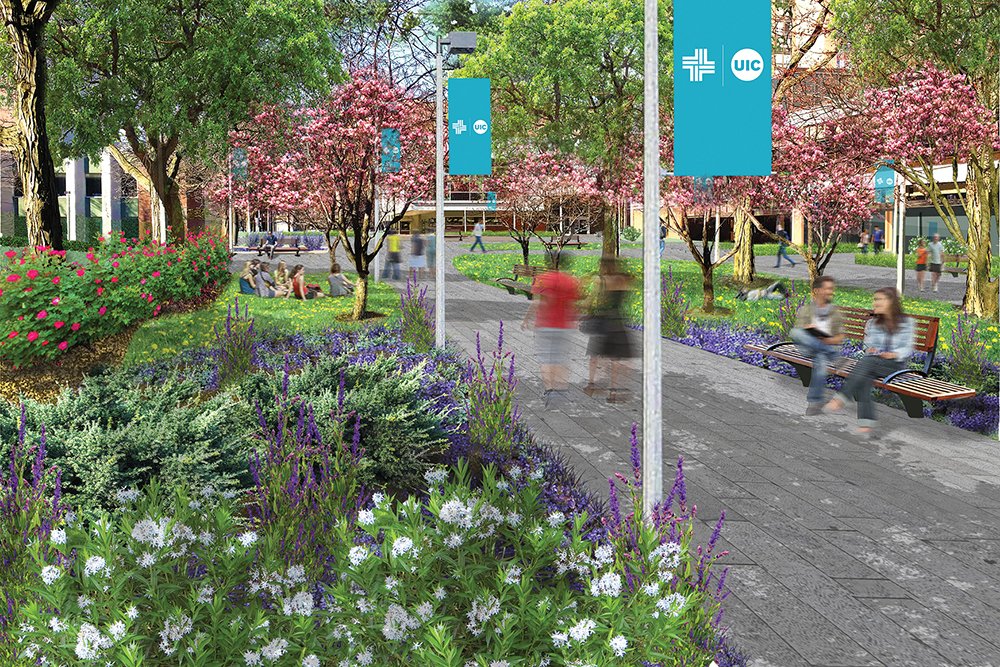 UIC_CPPM's tweet photo. A project to overhaul Arthington Mall, in front of SCW, begins this week! The project will install green infrastructure throughout the site: new rain gardens &amp; permeable pavers for stormwater mgmt &amp; new landscaping w. native plants &amp; site furnishings @SustainableUIC https://t.co/9ZXNYPx2GD