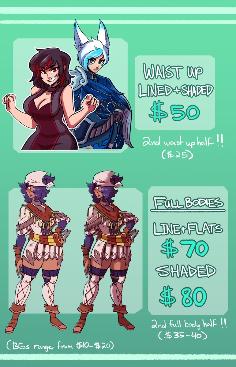 I'm opening slots for commissions tomorrow at 12pm central time, 3/5. When the time hits please make sure to have your emails ready and sent on the dot, and I'll do my best to accept as many as I can. 

PLEASE READ THE LINK (prices, rules, etc): https://t.co/V5uVxm8fz6 