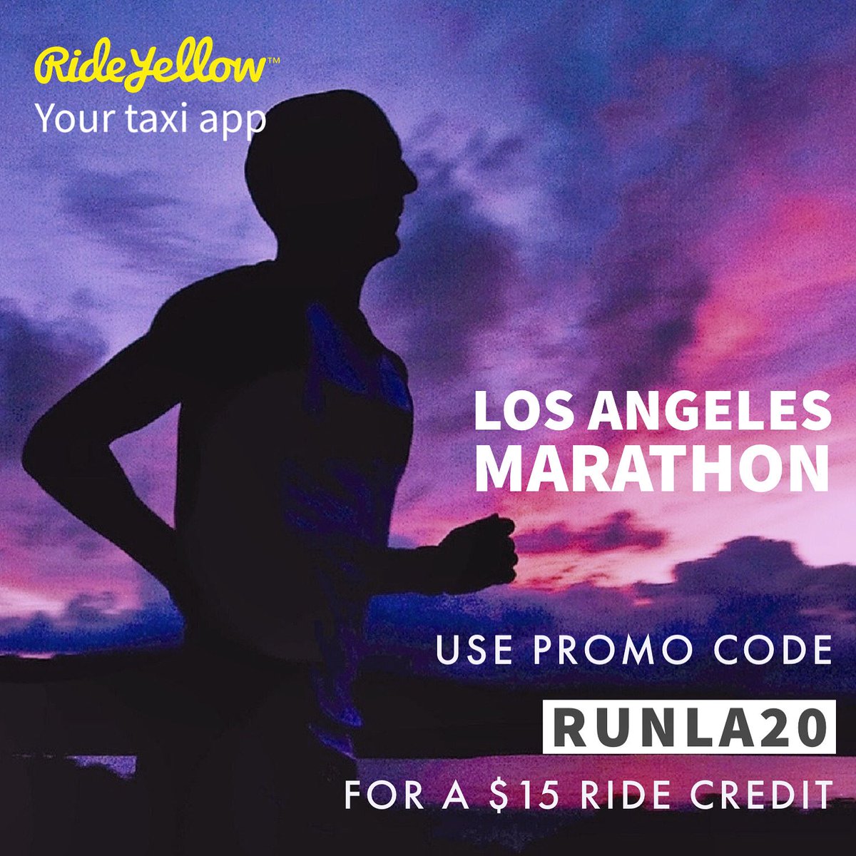RideYellowApp's tweet photo. Just cause you ran here doesn’t mean you have to run home. 🚕🏃‍♀️🏃⠀
⠀
Take advantage of our promo code to give those legs a rest after your big accomplishment! #lamarathon #RideYellow https://t.co/wO5bye2NJD