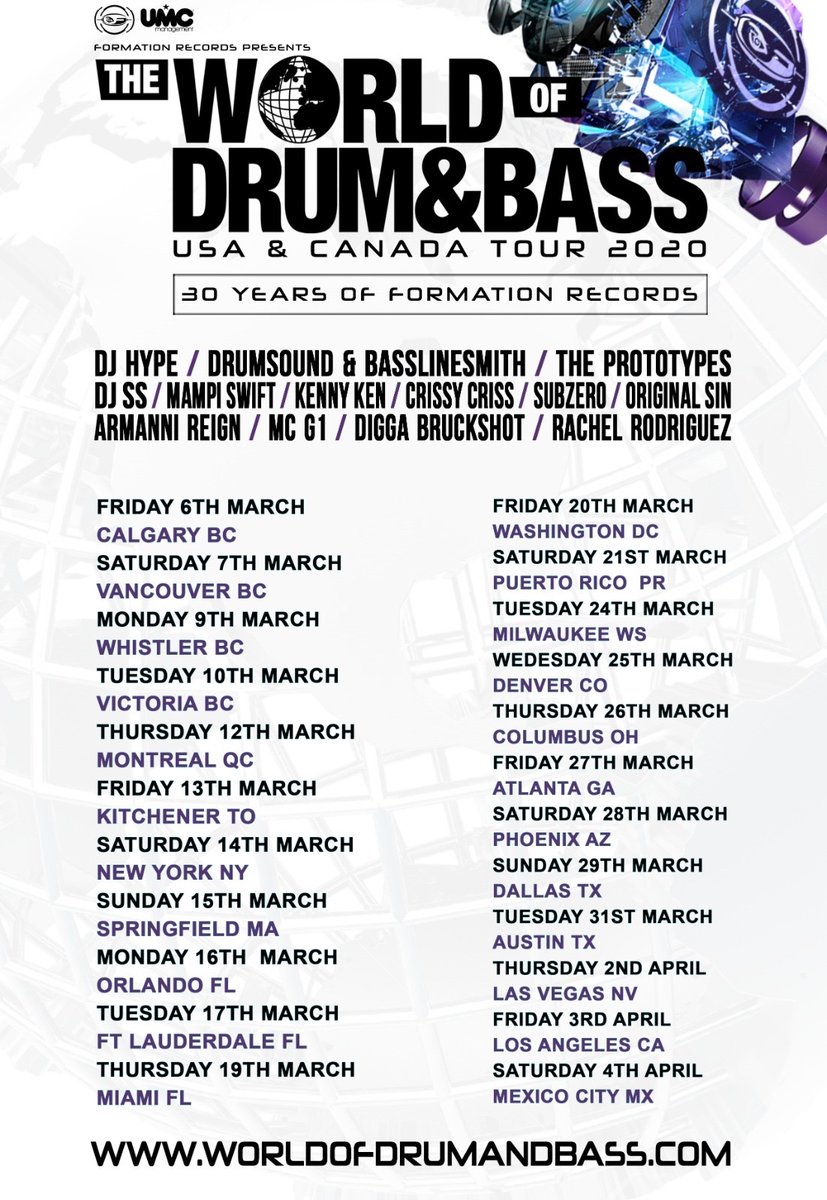 FormationRecs's tweet photo. Here is your OFFICIAL #WODNB2020 North America Tour Dates 🇺🇲🇨🇦🇲🇽🇵🇷 w/ featured Artists...it's a BIG ONE!!  SEE YOU ALL SOON!!  LET'S GO!!  🚀🌐 #30YearsofFormationRecs #dnb #drumandbass https://t.co/7x9mjIUINX