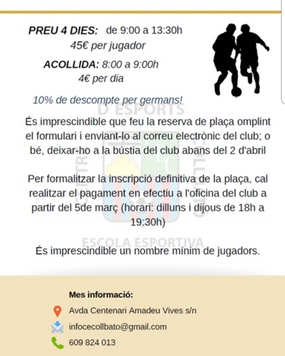 CAMPUS DE SETMANA SANTA
6, 7, 8 I 9 d'abril 
Inscripcions a:

Infocecollbato@gmail.com 
609 824 013

#somcollbató #passiopercollbato #cadadiamillor #juntsanemméslluny #juntssomméforts #futbol #futbolsala #Collbató #Montserrat ⚫🔴🔵