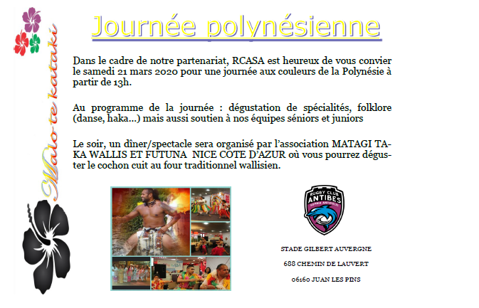 RugbyAntibes's tweet photo. Journée Polynésienne au RCASA le 21 Mars autour des rencontres séniors d'#Antibes avec le @RCORANGEOIS. 

Venez nombreux!

https://t.co/j5shcdskEa https://t.co/PszOcfgRcO
