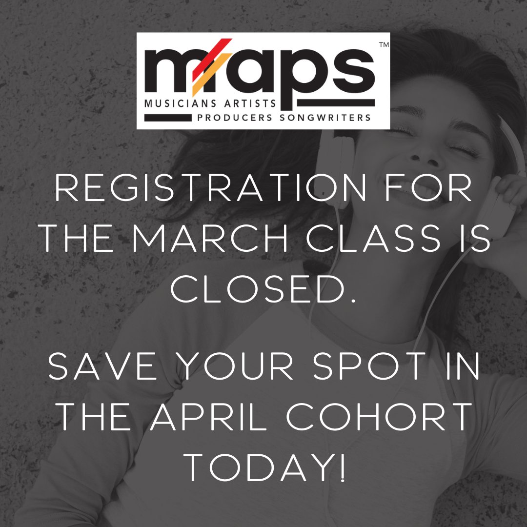 Maps4Music's tweet photo. Are you an aspiring #Musician, #Artist, #Producer, or #Songwriter? There is still time to register for the April cohort of #MAPS4MUSIC! Sign up today at https://t.co/d08VrBsa4x https://t.co/i7IbnxqNW6