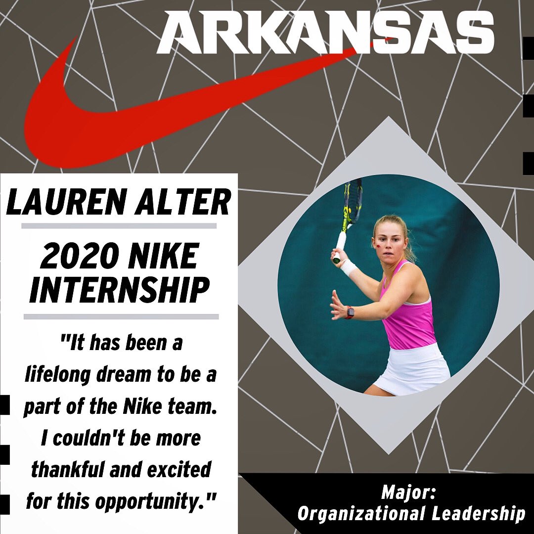 RazorbackSADev's tweet photo. Congratulations to our Womenโs Tennis student-athlete, Lauren Alter, for being selected as the 2020 Nike Internship representative for the University of Arkansas! Lauren will be working with the Nike Athletics Sports Marketing team this summer! #GrowAsOneRazorback ๐ https://t.co/CX5WpoAUd8