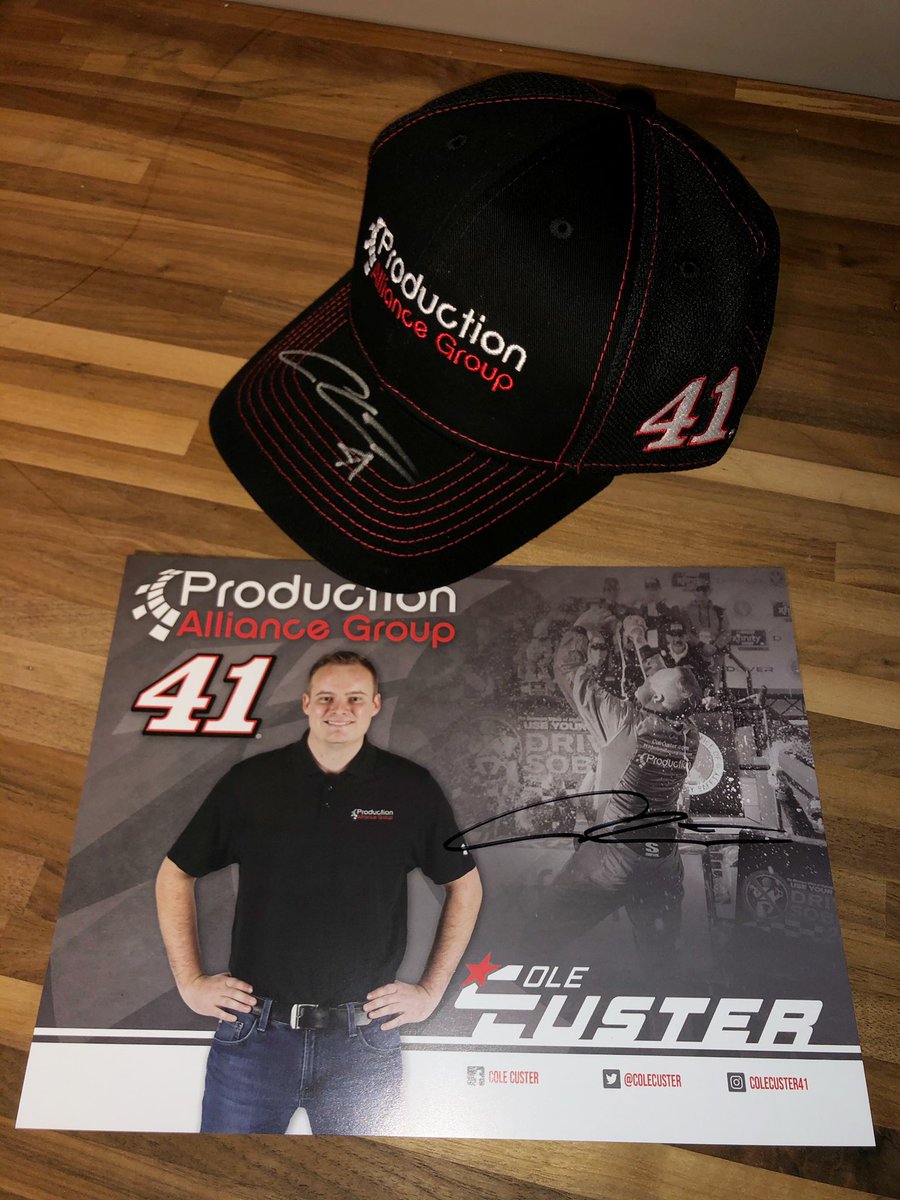 ColeCuster's tweet photo. Brought these back with me from @ACSupdates so how about we do a giveaway with them? RT for a chance to win my No. 41 #ProductionAllianceGroup hat and hero card!  #NASCAR #WinWednesday https://t.co/jD3VIv2mjQ