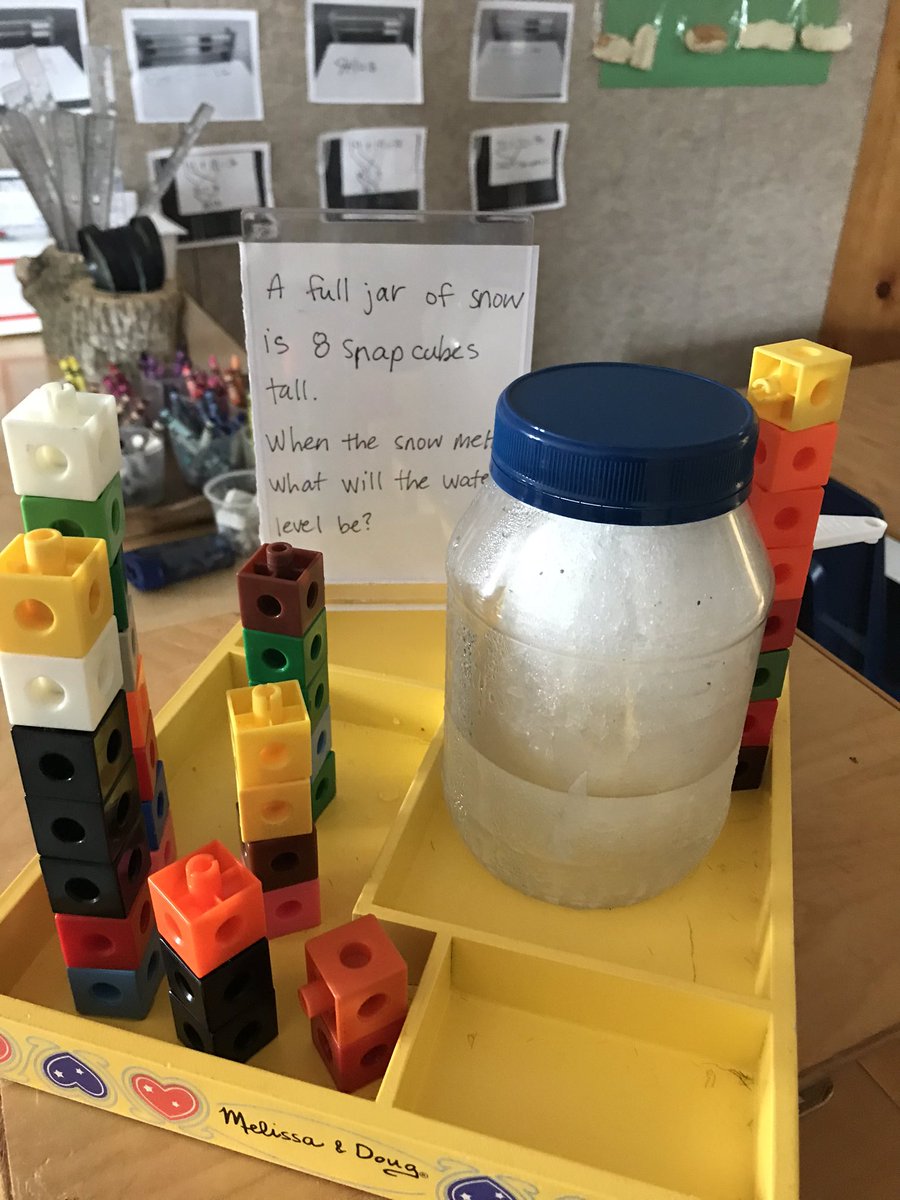 jessbearinger's tweet photo. A jar of snow is 8 snap cubes tall. When the snow melts, will the water level be the same amount? Our estimations are represented in snapcubes. #statesofmatter #volume #estimation #measurement @dpkwrdsb https://t.co/PTYySQCFm6
